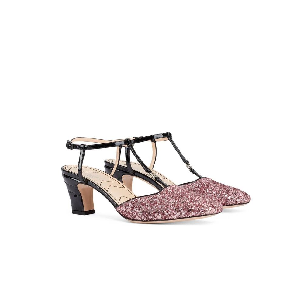 NIB Gucci Pink Glitter Double G T-Strap Slingback Pump Black EU 37 US 7 $1,150
